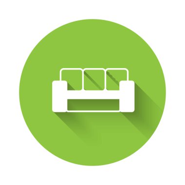 White Sofa icon isolated with long shadow background. Green circle button. Vector