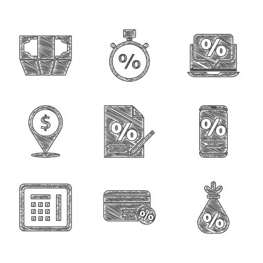 Finans belgesini ayarla, yüzde elli indirim kartı, yüzde elli indirim ve cep telefonu, kasa, nakit konum, dizüstü bilgisayar ve kağıt para ikonu. Vektör