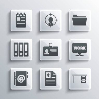 Özgeçmiş, Ofis masası, metin çalışmalı konum, kimlik kartı, adres defteri, klasörler, Spiral defter ve Belge simgesi. Vektör