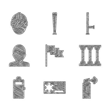 Konum belirleyicisi, polis rozeti, biber gazı, hapishane penceresi, saldırı kalkanı, Vandal, lastik cop ve Özel Kuvvetler askeri ikonu. Vektör