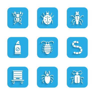 Larva böceği, böcek geyiği, aşındırıcı böcek, solucan, arı kovanı, böceklere karşı sprey, termit ve ikona karşı. Vektör