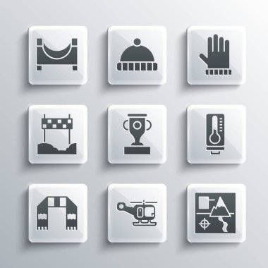 Kurtarma helikopteri, katlanmış harita, meteoroloji termometresi, ödül kupası, eşarp, kurdele bitiş çizgisi, kaykay parkı ve Noel eldiveni ikonu. Vektör