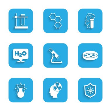 Mikroskop, kafa ve radyasyon sembolü, virüse karşı kalkan koruması, bakterili Petri kabı, Kimyasal patlama, H2O formülü ve deney tüpü standının simgesi. Vektör