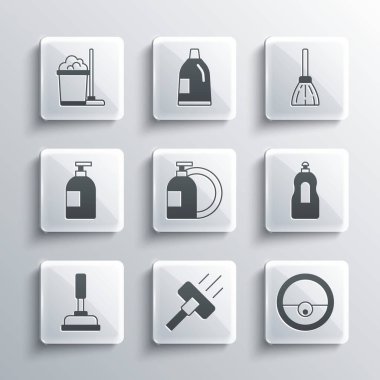 Elektrik süpürgesi, robot süpürgesi, bulaşık deterjanı, plastik pompa, süpürge, kova ve süpürge ikonu. Vektör