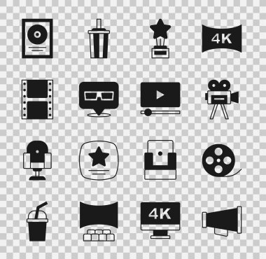 Megaphone, Film makarası, Retro sinema kamerası, Movie kupası, 3D gözlükler, Play video, CD disk ödülü çerçevesi ve Online çalma ikonu. Vektör