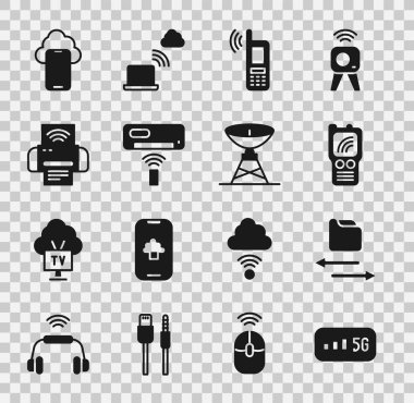 5G kablosuz internet, transfer dosyaları, telsiz telefon, kablosuz ağ, kablosuz ağ, klima, akıllı yazıcı sistemi, bulut teknolojisi verileri ve uydu çanağı simgesini ayarla. Vektör