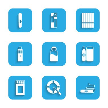 Vape sıvı şişesi, sigaralı kül tablası, sigara, elektronik, kibrit kutusu, mod aleti, sigara ve ikon. Vektör