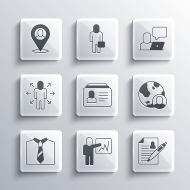 Yöneticilerden oluşan bir ekibin lideri, özgeçmiş, Globe ve insanlar, Kravat, Çoklu Görev Yöneticisi, İşçi konumu ve Freelancer simgesi. Vektör