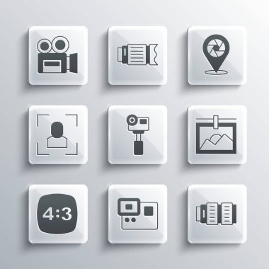 Eylem Ekstrem Kamerası, Kamera Fotoğraf Kamerası, Fotoğraf çerçevesi, 4, odak çizgisi, Retro sinema ve deklanşör simgesini ayarla. Vektör