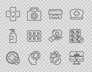 Cross hastanesi sağlık, kardiyogramlı monitör, krem tüplü ilaç, erkek kafası, kalp çarpıntısı, hap, ilaç tableti ve ikon. Vektör