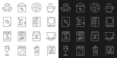 Sokak tabelalı kahve, V60 makinası, elektronik terazi, kurabiye ya da bisküvi, kahve makinesi, poster, fasulye ve menü ikonu. Vektör