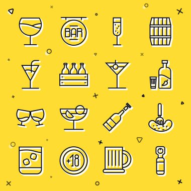 Çizgi açacağı, çatalda salatalık turşusu, biberli votka, bir kadeh şampanya, tahta kutuda şişe şarap, kokteyl, şarap ve martini ikonu. Vektör