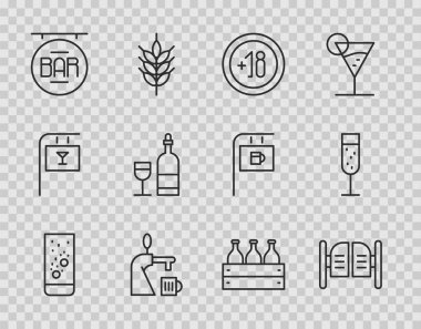 Suyun içinde Effervescent tabletleri, bar kapısı, alkol 18 artı bardaklı bira musluğu, sokak tabelası barı, şarap şişesi, şarap şişeleri ahşap şampanya kutusu ve cam şampanya ikonu. Vektör