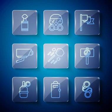 Hat el bombası, polis hücum kalkanı, kelepçe, konum işareti, Uçan Taş, güvenlik kamerası ve barış simgesi. Vektör