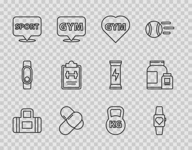 Sport bag, Smartwatch, Fitness spor salonu kalbi, spor beslenme, konum, eğitim programı, Kettlebell ve ikon. Vektör