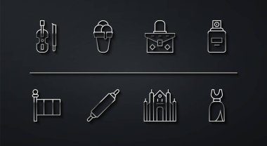 Keman, Bayrak İtalya, Parfüm, Milan Katedrali, Merdane, Dondurma, Kadın Elbisesi ve El Çantası ikonu. Vektör