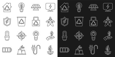 Yerküre ve yaprak hattını, elektrik kulesini, güneş enerjisi panelini, geri dönüşümlü geri dönüşüm kutusunu, kalkanı, Eco House geri dönüşümünü ve kağıt torba ikonunu ayarlayın. Vektör