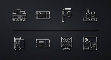 Kargo vagonu, araba tuvaleti camlı şarap şişesi, demiryolu geçidi, tren bileti, güzergah konumu ve istasyon ikonu. Vektör