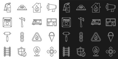 İtfaiyeci, koni kovası, tahliye planı yanan evde, baltada, alarm sisteminde, yangın söndürücüde ve kamyon ikonunda. Vektör