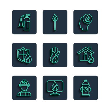 İtfaiyeci hattını, yangın musluğunu, yangın musluğunu koruma kalkanını, yangın söndürücüyü ve yanan ev ikonunu ayarlayın. Vektör