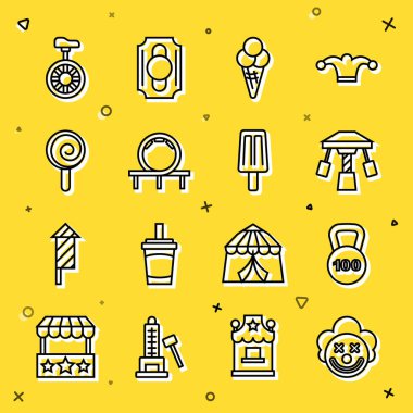 Palyaço kafası, ağırlık, çekici atlıkarınca, dondurma külahı, lunapark treni, lolipop, tek tekerlekli bisiklet ya da tekerlek bisikleti ve ikon. Vektör