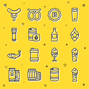 Bardak bira, Hop, şişe kapağı, metal fıçı, açacağı, çatalda sosis ve bira şişesi ikonu. Vektör