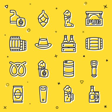 Bira şişesi ve bira kutusu, şişe açacağı, tahta fıçı, bot camı, Oktoberfest şapkası, demleme işlemi ve şişe ikonu. Vektör