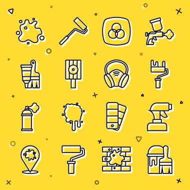 Fırça, sprey tabanca, silindir, RGB ve CMYK renk karışımı, sprey başlık, tüp boyası ve gaz maskesi ikonuyla çizgi boya kovasını ayarla. Vektör