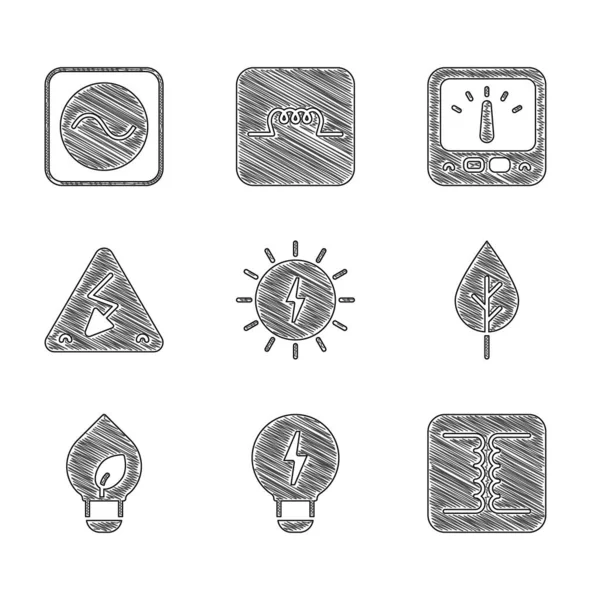 Set Solarenergie Panel Kreative Lampenleuchtidee Elektrischer Transformator Blatt Öko Symbol — Stockvektor
