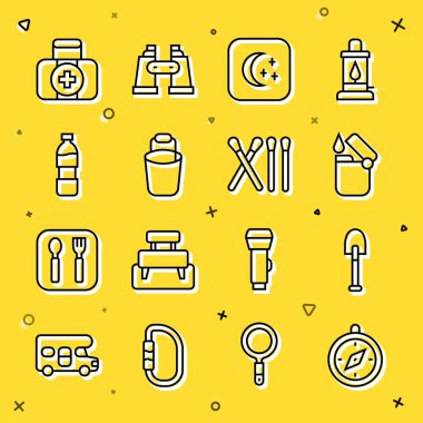 Pusula, Kürek, Çakmak, Ay ve yıldızlar, Kova, bir şişe su, ilk yardım çantası ve kibrit kutusu simgesi. Vektör