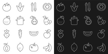 Sabit hat muz, şeftali veya nektarin, sağlıklı, kuşkonmaz, tencere, portakal, domates ve armut ikonu. Vektör