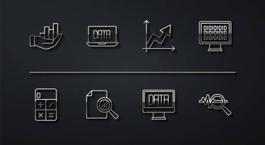 Satır çizelgesi bilgisini, hesap makinesini, ikili kodu, veri analizini, belgeyi, arama verisini ve finansal büyüme simgesini ayarla. Vektör