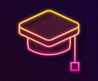 Parlayan neon hattı mezuniyet simgesi siyah arkaplanda izole edildi. Tassel ikonlu mezuniyet şapkası. Vektör.