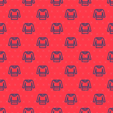 Mavi çizgi süveter simgesi kırmızı arkaplanda izole edilmiş. Kazak ikonu. Vektör.