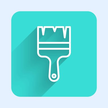 Beyaz çizgi boya fırçası simgesi uzun gölge arkaplan izole. Yeşil kare düğmesi. Vektör