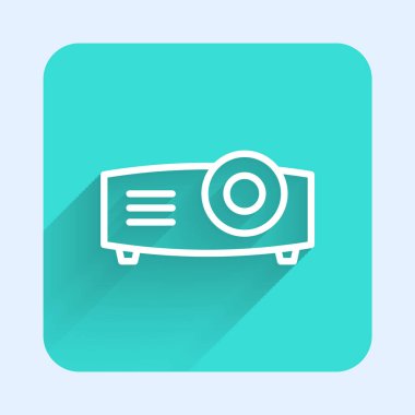 Beyaz çizgi sunumu, film, film, medya projektörü ikonu uzun gölge arkaplanı ile izole edildi. Yeşil kare düğmesi. Vektör