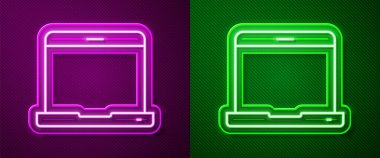 Parlayan neon hattı dizüstü bilgisayar simgesi mor ve yeşil arkaplanda izole edildi. Boş ekran işaretli bilgisayar defteri. Vektör