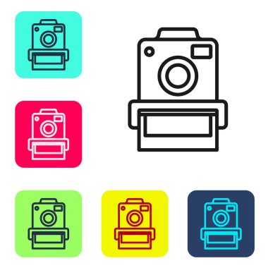 Siyah çizgi fotoğraf makinesi simgesi beyaz arkaplanda izole edildi. Foto kamera. Dijital fotoğrafçılık. Renkli kare düğmelerle simgeleri ayarla. Vektör