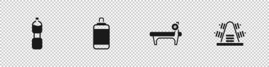 Bir şişe su, kum torbası, levrek ve metal raf ağırlığı ikonu. Vektör.