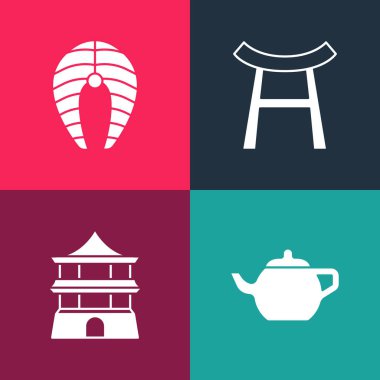 Çin çay seremonisi, ev, Japon kapısı ve balık bifteği ikonu hazırla. Vektör