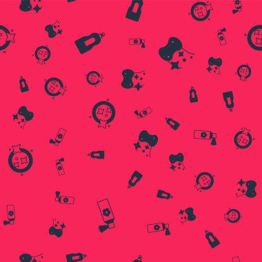 Oda spreyi şişesi, bulaşık deterjanı, bulaşık deterjanı ve süngeri kusursuz desenlere ayarlayın. Vektör