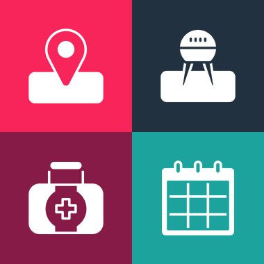 Pop sanat takvimini, ilk yardım çantasını, barbekü ızgarasını ve kamp ikonu konumunu ayarlayın. Vektör