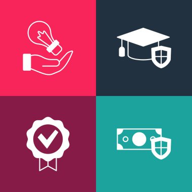 Pop Art Money 'yi kalkan, onay ve onay işareti, mezuniyet şapkası ve ampulü el simgesine yerleştir. Vektör