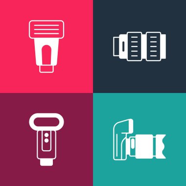 Pop sanat fotoğraf makinesi, flaş, fotoğraf objektifi ve simgeyi ayarla. Vektör