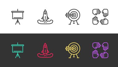 Chalkboard, Rocket, Armalı Hedef ve Proje Ekibi 'ni siyah beyaz üzerine kurun. Vektör