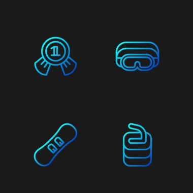 Kıvırcık saç, Snowboard, Madalya ve Kayak gözlükleri için Taş Hattı kur. Renk simgeleri. Vektör