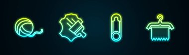 İplik yumağı, deri ceket, emniyet iğnesi ve elbise dolabı. Parlayan neon ikonu. Vektör