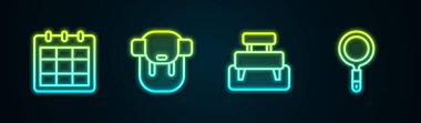 Takvim çizelgesi, yürüyüş çantası, Bench ve büyüteç. Parlayan neon ikonu. Vektör