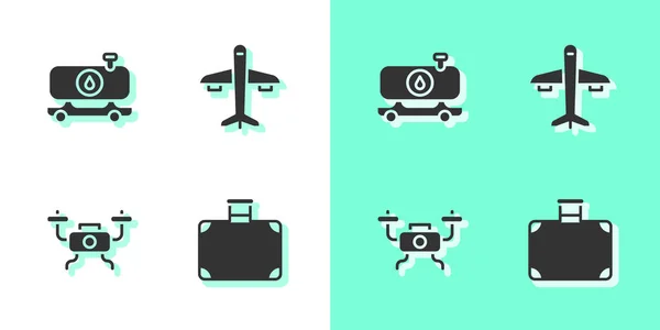Set Suitcase Fuel Tanker Truck Drone Flying Plane Icon Vector — Stock Vector