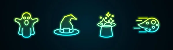 设置线幽灵 女巫帽 魔法和火球 发光的霓虹灯图标 — 图库矢量图片